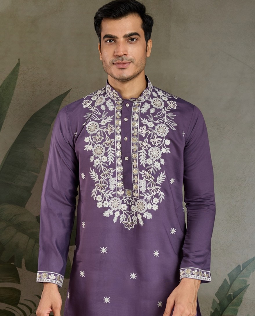 61321-purple - Purple Thread & Sequence Hand Embroidered Men’s Kurta Set